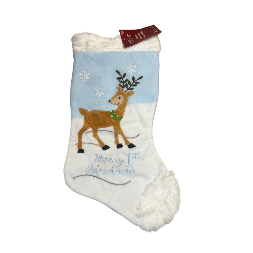 Holiday Living Blue Christmas Stocking Merry 1st Christmas Embroidered Deer NWT